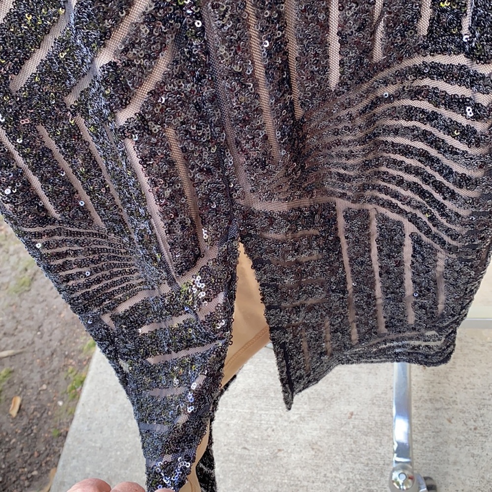 Rubber Ducky black gorgeous sequin low cut dress w/ slit up the front at bottom. - Picture 8 of 14